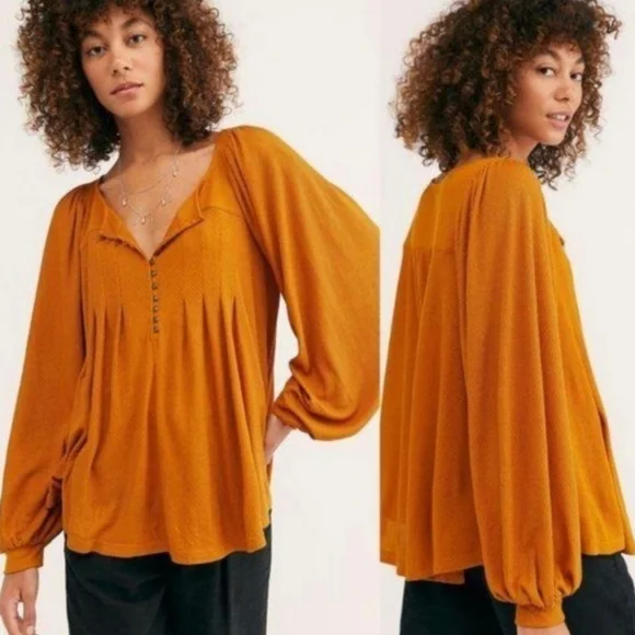 Free People Devin Autumn Pearl Bishop Sleeve Henley Waffle Knit Top S - Picture 8 of 8